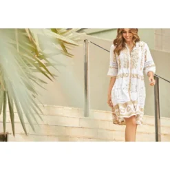 Robe Boutonnée Manches 3/4, Rachel, Iconique IC23-031-BLANC