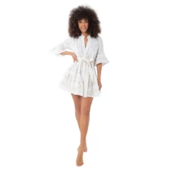 Robe Courte Boutonnée Manches 3/4, Aura, Iconique IC23-013-BLANC