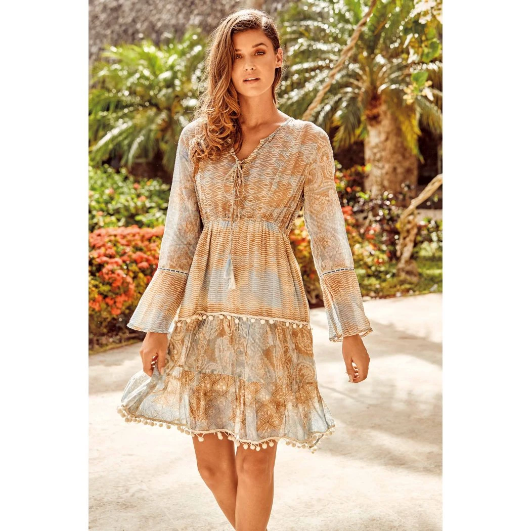 Robe Manches Longues, Ischia 100% Coton, David DB20-051-SAND 1 Robe Manches Longues, Ischia 100% Coton, David DB20-051-SAND